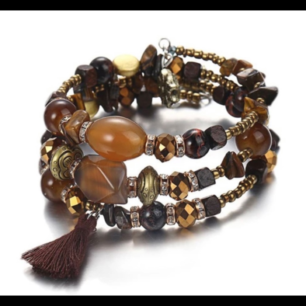 BROWN MULTI STONE AND CHARM LAYERED BRACELET